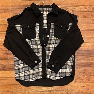 Black Plaid Mixed-Media Button-Up Shacket
